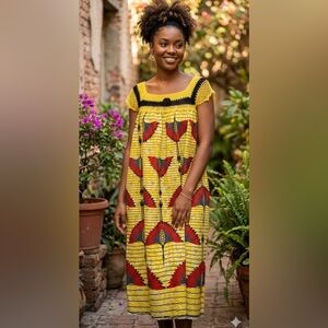 Ankara Wax Print Midi Dress Yellow & Black Crochet Neckline African Crane Print